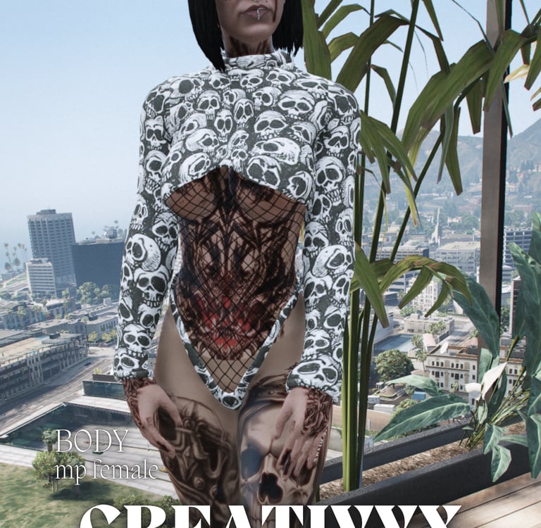 Tattooed woman posing in a skull-print mesh bodysuit