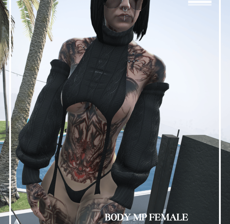Heavily tattooed woman posing in a sleek black bodysuit