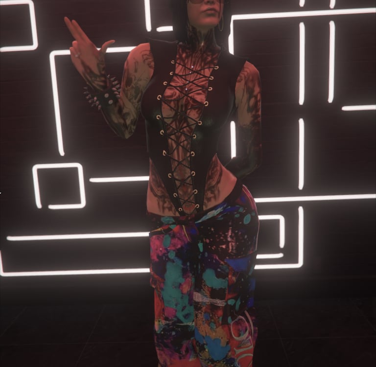 a woman in a colorful outfit standing in front of a neon - lit neon sign