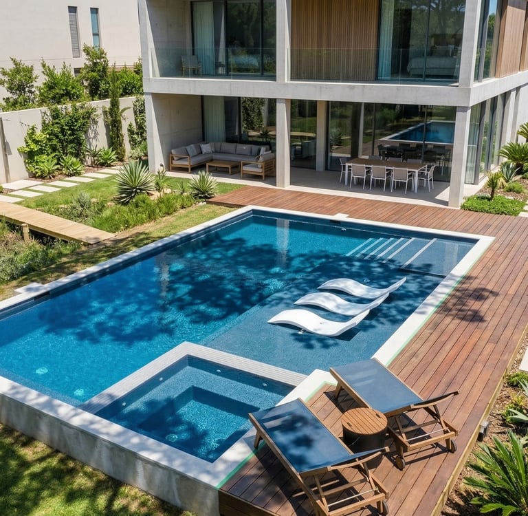 Modern luxury villa featuring a rectangular swimming pool with an integrated hot tub and wooden deck.
