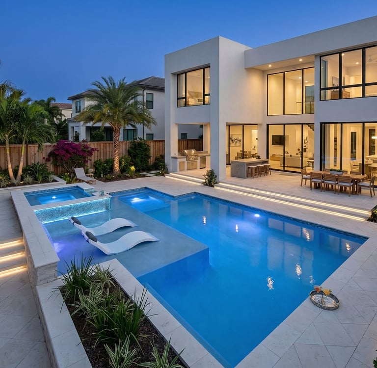 Modern luxury home at dusk featuring a glowing backyard swimming pool with an integrated hot tub and patio lounge.