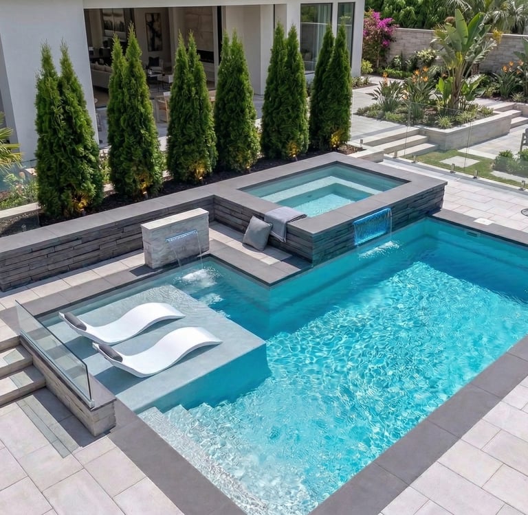 Luxury backyard swimming pool with a modern hot tub, sun shelf loungers, and stone patio landscaping.
