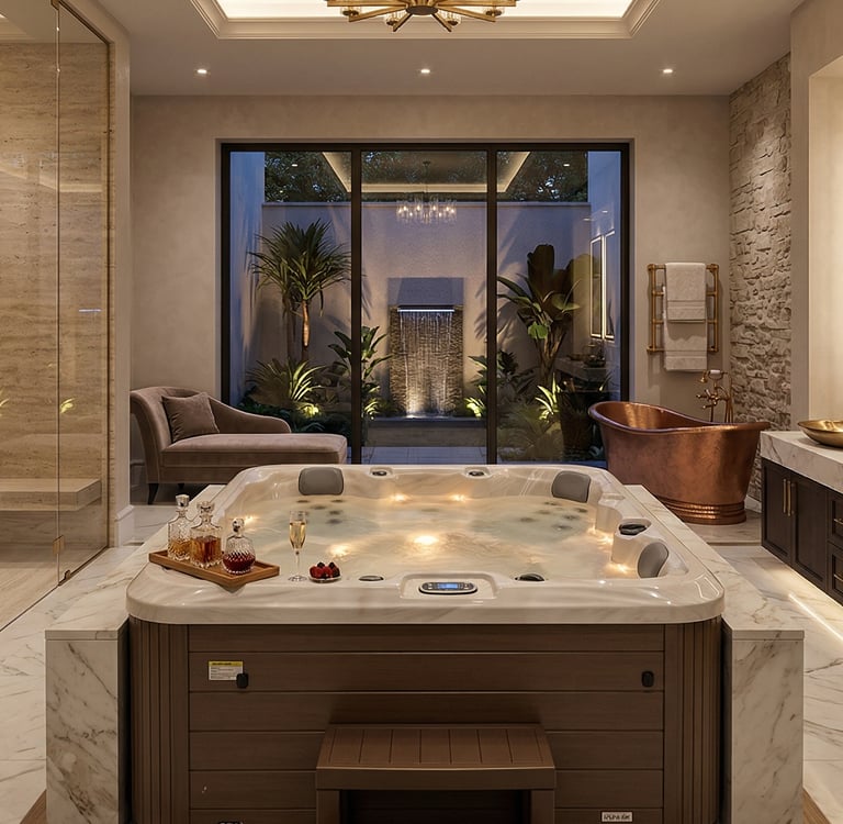 Luxury home spa with an indoor hot tub, copper soaking tub, walk-in stone shower, and a private garden view.