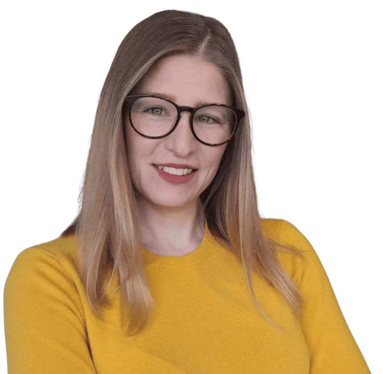 Megan Sorbie, administrative assistant at MortgageWell Cornwall, wearing glasses and a yellow shirt