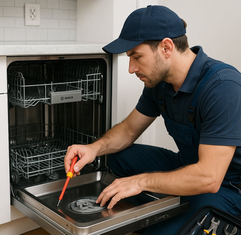 echnician servicing a Bosch dishwasher in a modern kitchen.