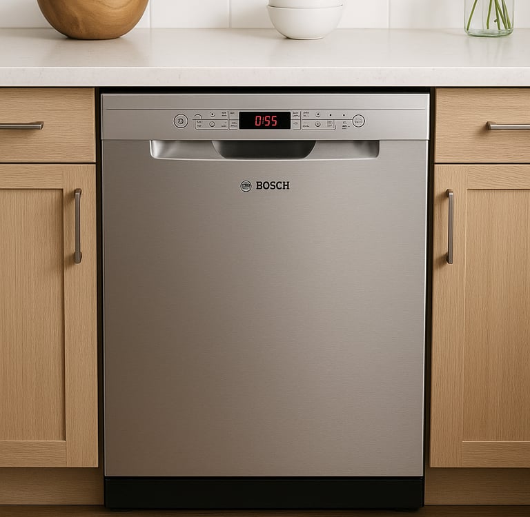 Bosch stainless steel dishwasher installed under a white quartz countertop in a modern kitchen 