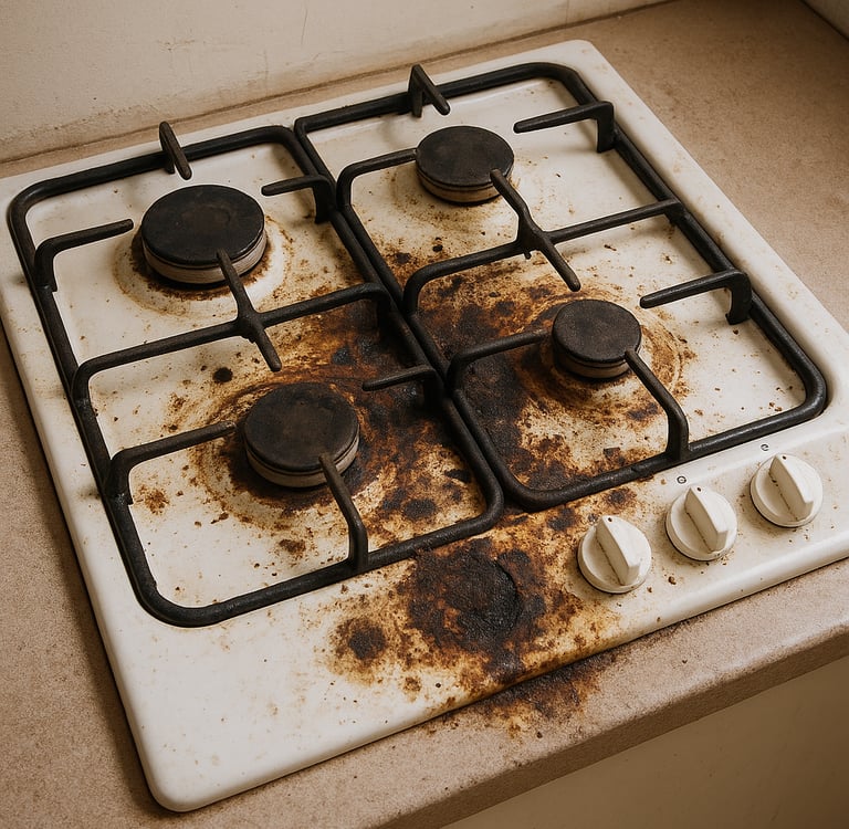 Damaged gas cooktop with burnt stains, rust, and worn burner grates
