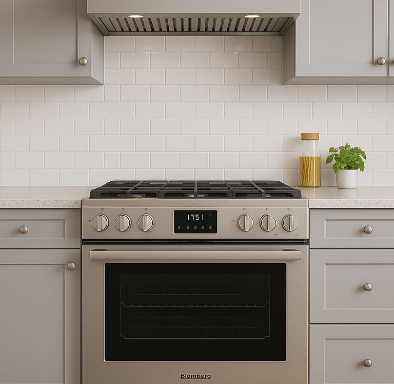 Blomberg gas range installed in a modern kitchen with gray cabinets and white subway tile backsplash
