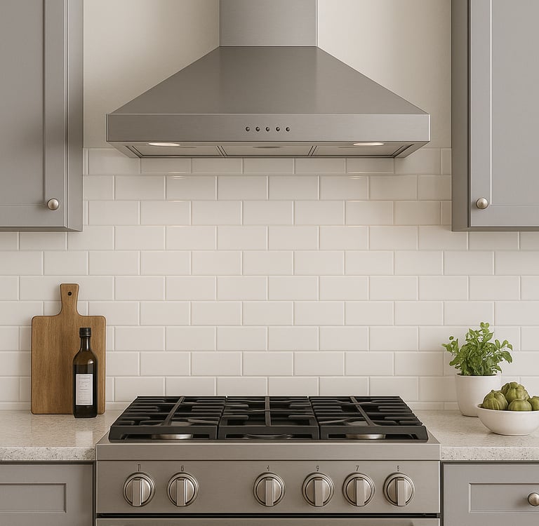 Blomberg range hood installed above a gas stove in a modern kitchen with gray cabinets and white sub