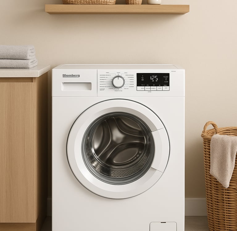 Blomberg front-load washer in a modern laundry room with wooden cabinets and wicker basket.