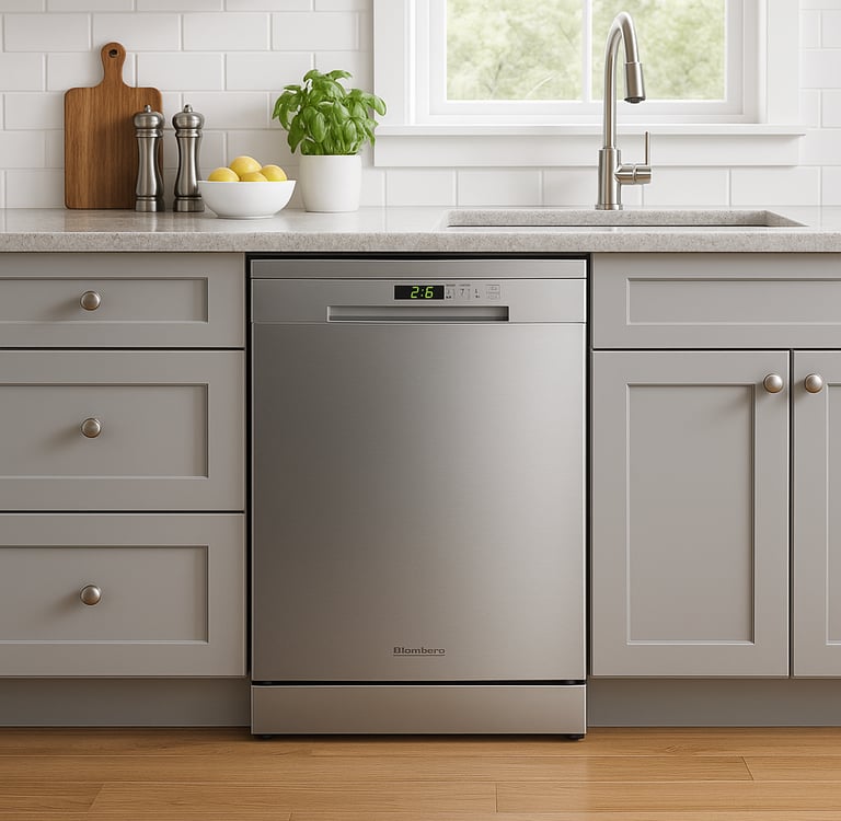 Blomberg dishwasher installed in a modern kitchen with gray cabinets and a white tile backsplash.