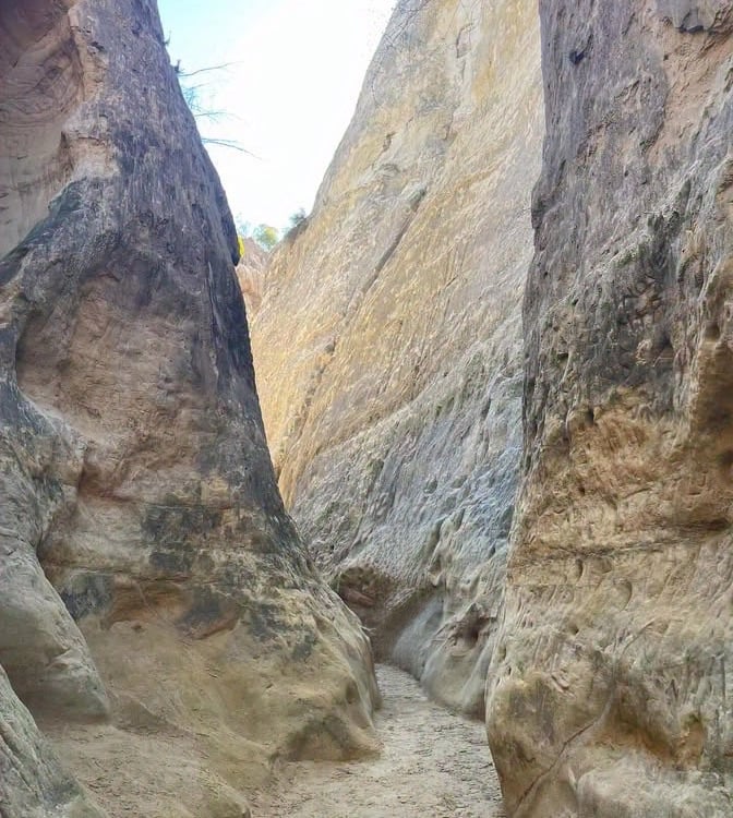 a narrow section of Annie's Canyon Trail. tall, steep rocks on either side of the trail.