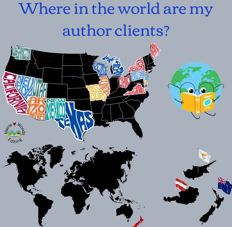 "Where in the world are my author clients" shows a US map and a world map