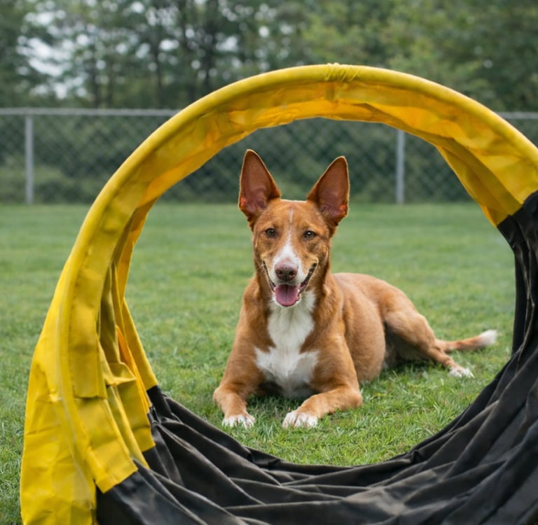 hund beim beschäftitungskurs- liegt hinter einem tunnel