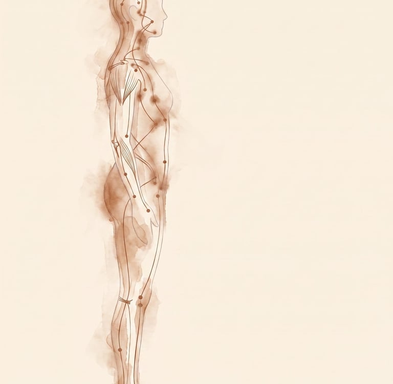Watercolor illustration of human anatomy showing acupuncture points and meridians for holistic therapy.