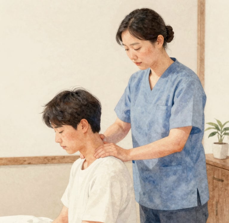 Watercolor illustration of a practitioner performing gentle cervical Chuna manual therapy on a seated patient.