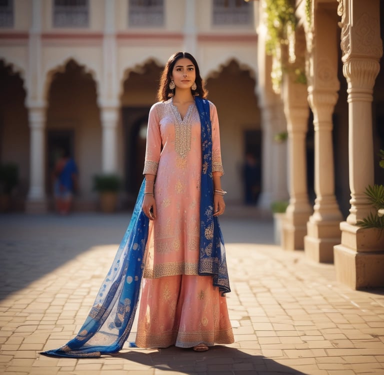 Elegant woman wearing a pink embroidered Pakistani salwar kameez suit with a matching dupatta.