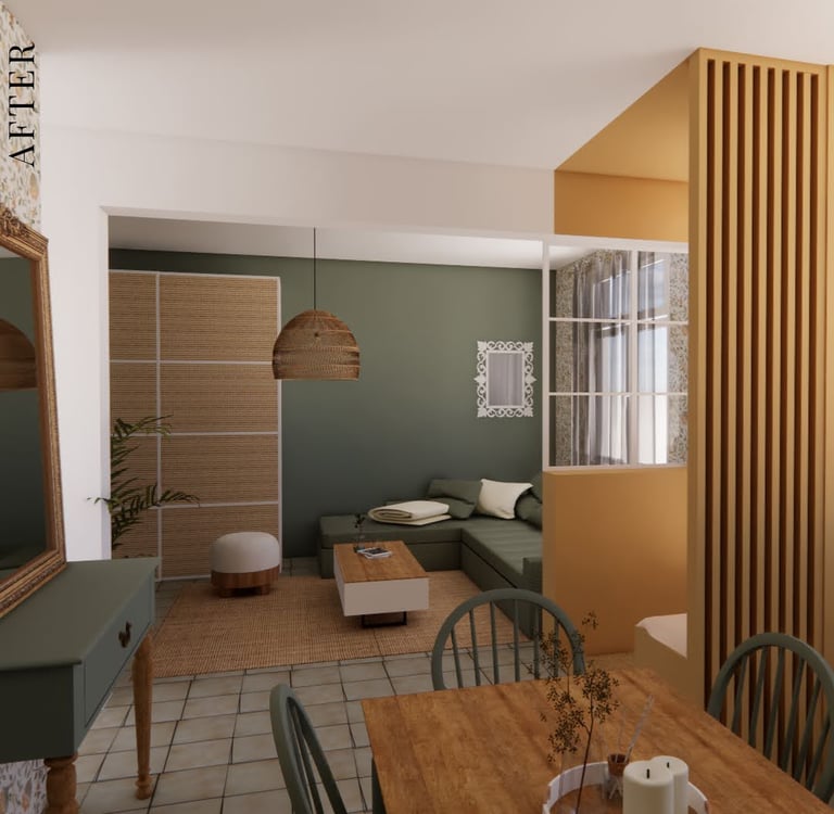 salon cosy kaki et ocre avec tapis jute, table basse et pouf