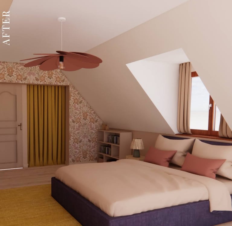 chambre décorée par Maison Mojo beige avec rideaux ocre et luminaire pétales terracotta