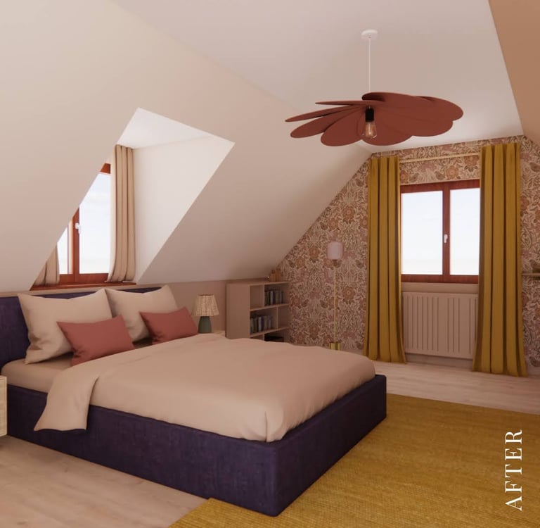 chambre décorée par Maison Mojo beige avec rideaux ocre et luminaire pétales terracotta