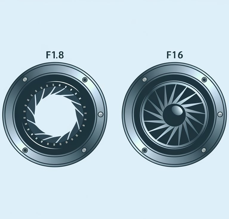 Número f más pequeño (f1,8) el diafragma es abierto y  con f más alto (f16) el diafragma es cerrado.