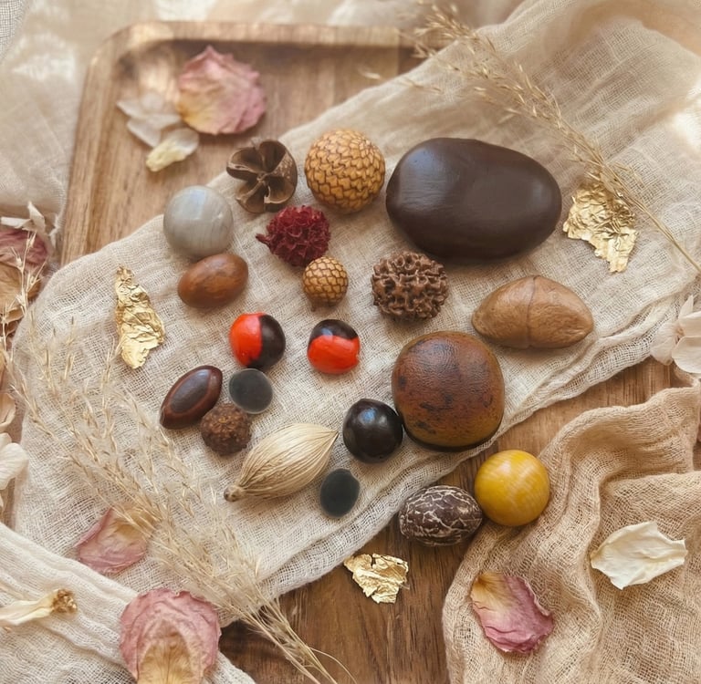 Bijoux avec graines naturelles, détail de la matière et finition artisanale