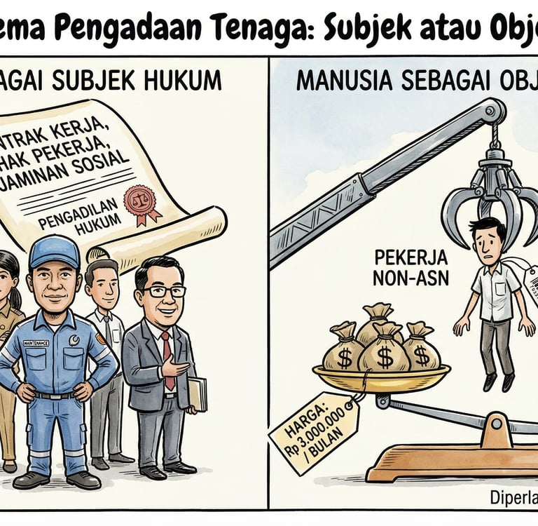 Infographic comparing human labor as legal subjects with rights versus objects of transaction in bureaucracy.