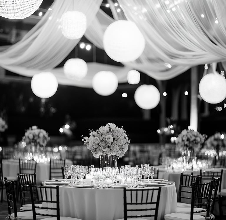a table with a table set up for a wedding