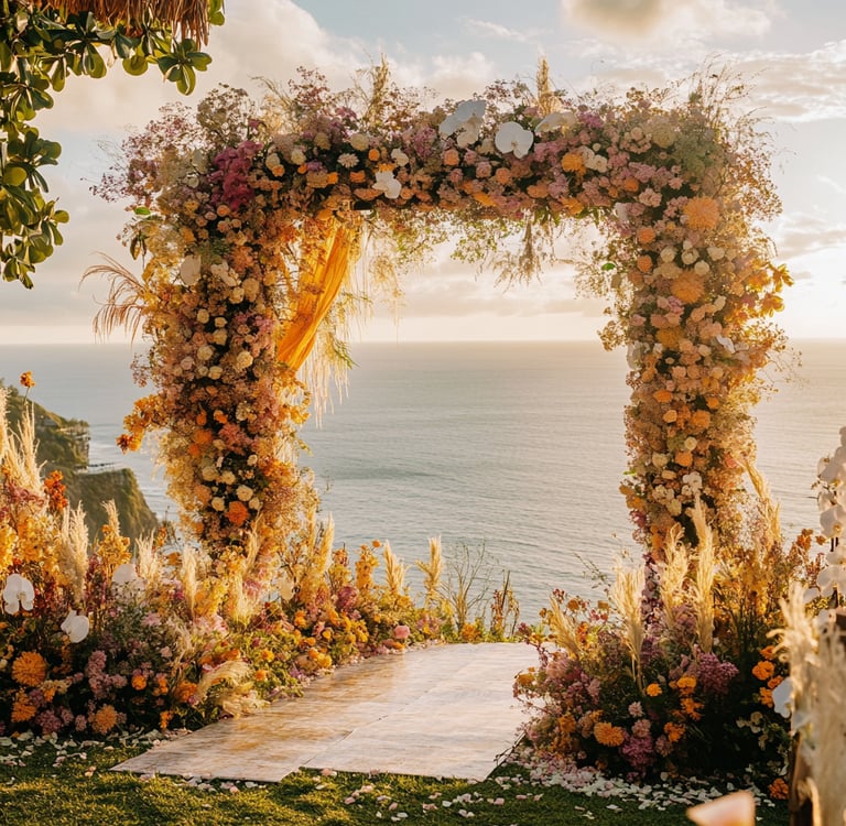 a wedding ceremony with a floral arch