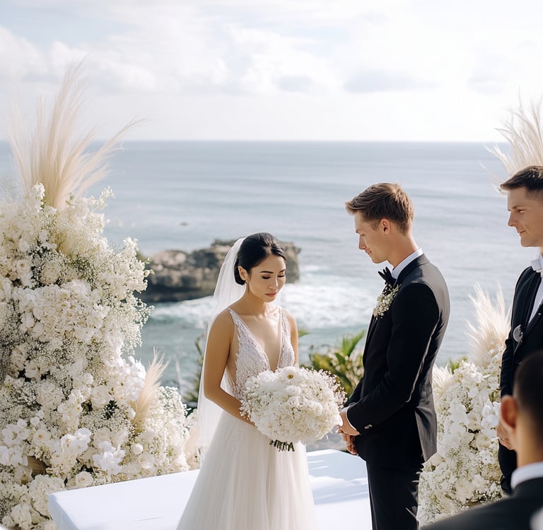 a bride and groom standing in front of a wedding ceremony
