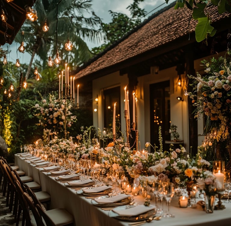 a long table with candles and candles on it
