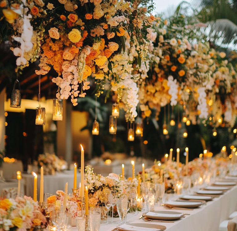 a long table with candles and candles on it