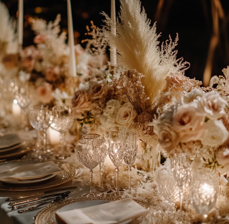 a table with a bunch of flowers and candles