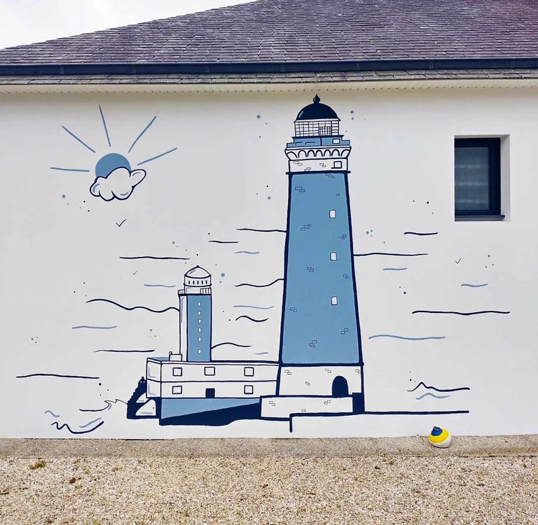 Peinture murale phare sur mur extérieur de maison 