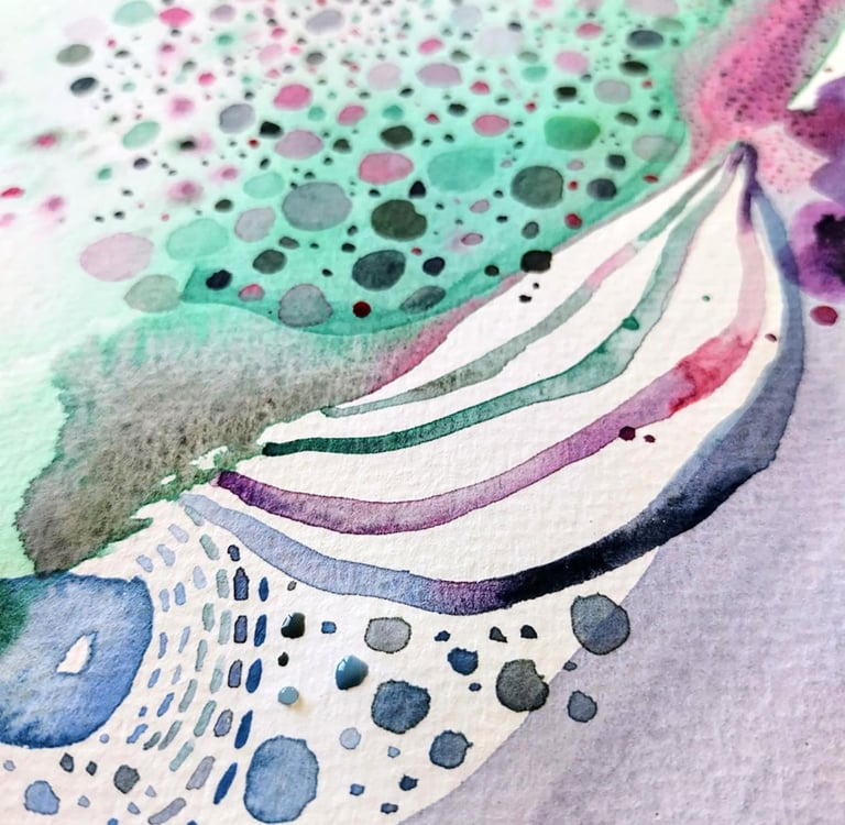 Artiste Eva Girardeau , quarelle abstraite détails, tons verts, bleus, violets
