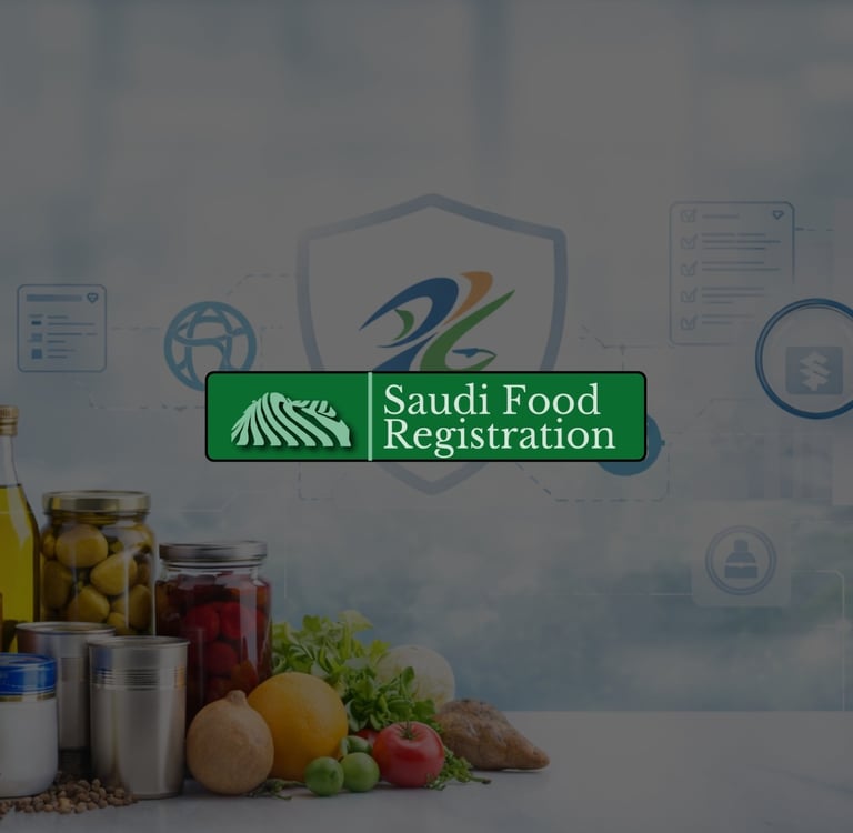 SFDA country of origin compliance background with packaged food products & regulatory verification elements.