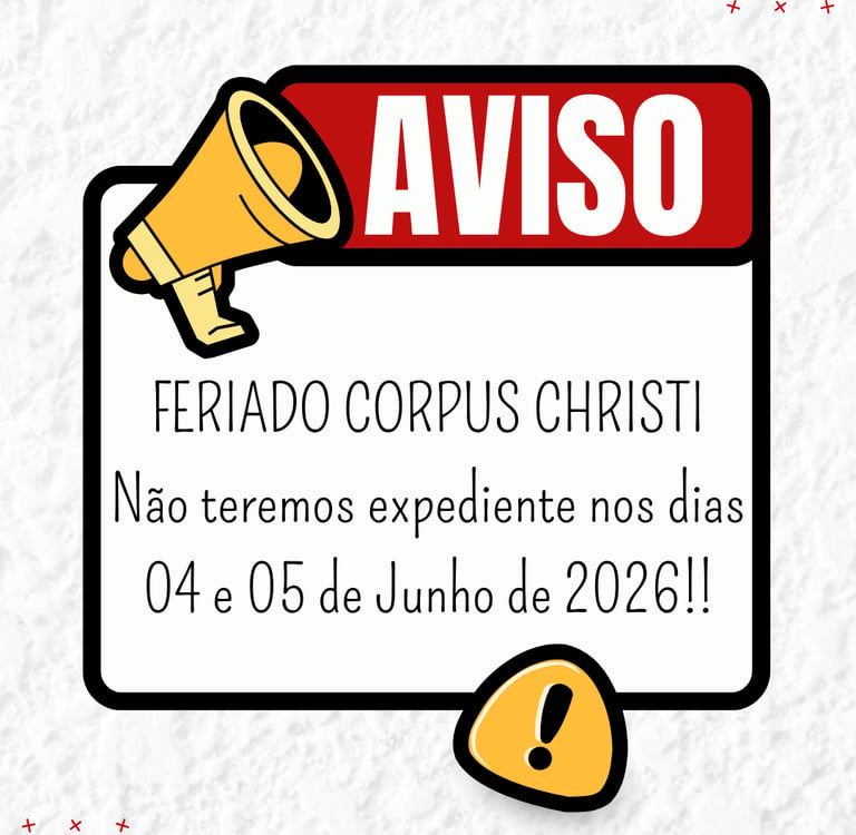 Aviso de feriado Corpus Christi anunciando que não haverá expediente nos dias 4 e 5 de junho de 2026.