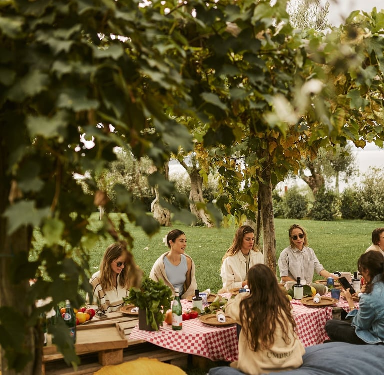 Friends enjoying an outdoor picnic and wine tasting under vineyard vines in a lush garden setting.