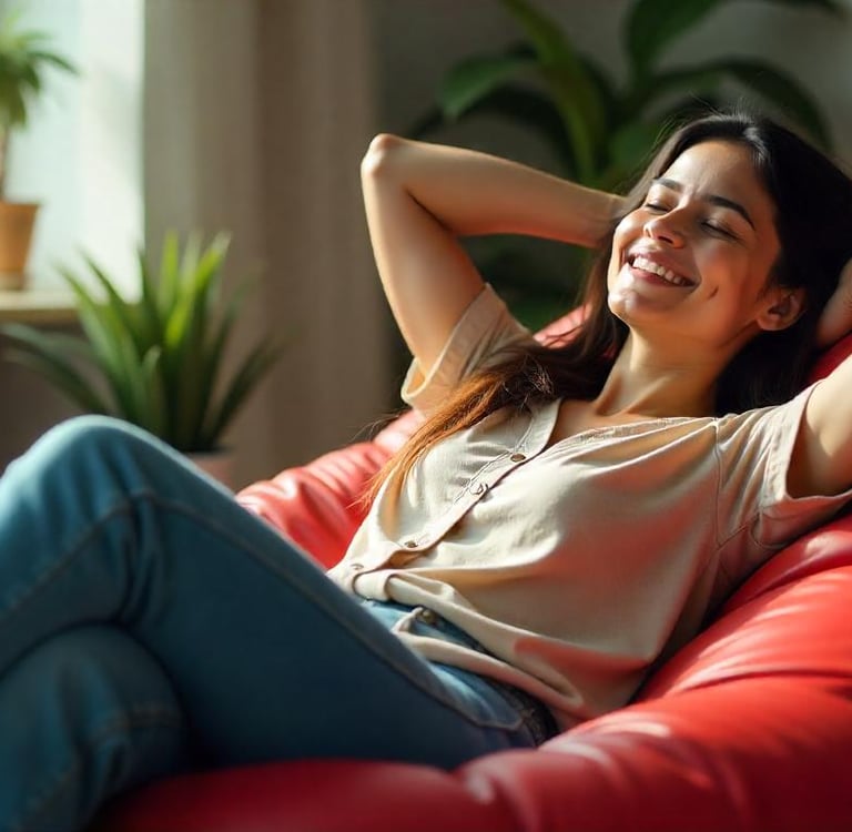 Create a smiling indian woman relaxing on a red leather beanbag. Beanbag should be of medium size . 
