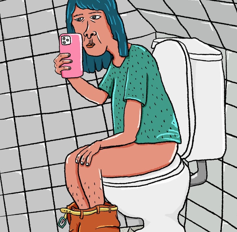由廢材Fade Chai所創作的插畫：一個人坐在馬桶上自拍