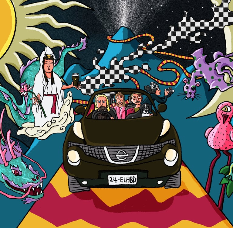這是由廢材Fade Chai所創作的插畫：內容是一個金髮女開著車載著他的三個好友和他的兩隻狗狗去兜風，沿路上談天說地，蜿蜒的山路看著窗外有奇景有紫色的豹頭飛天怪、粉色獨眼鳥、觀音菩薩拿著Guinnes