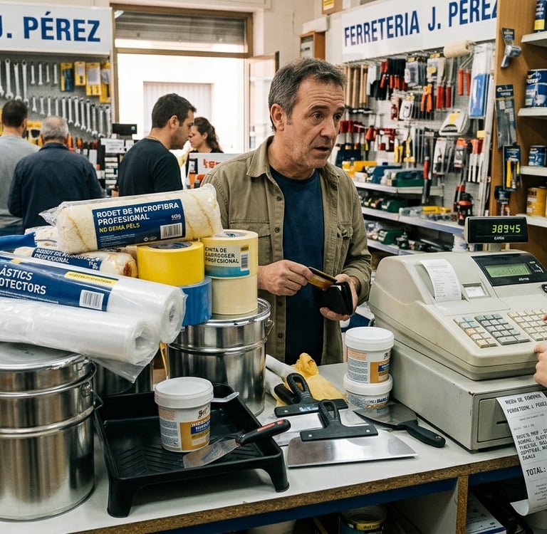 Customer purchasing painting supplies and hardware tools at a local ferreteria store counter.