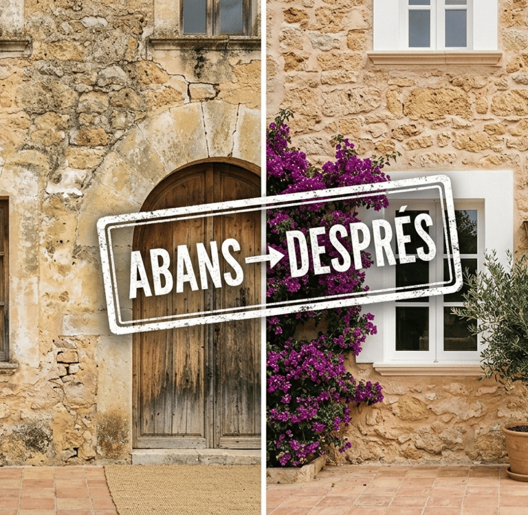 Before and after restoration of a rustic stone house facade with renovated windows and door.