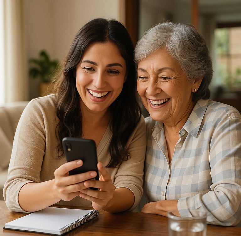 Mujer joven y adulta mayor sonríen mientras miran un celular, representa aprendizaje compartido y motivación para emprender j