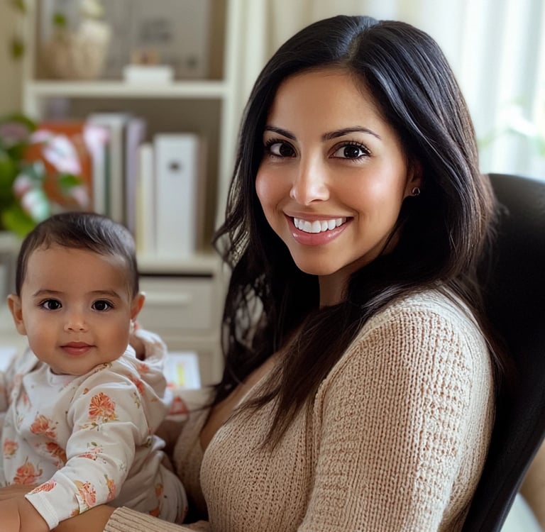 Mamá emprendedora con su bebé trabajando desde casa,  representan negocio digital  y emprendimiento .