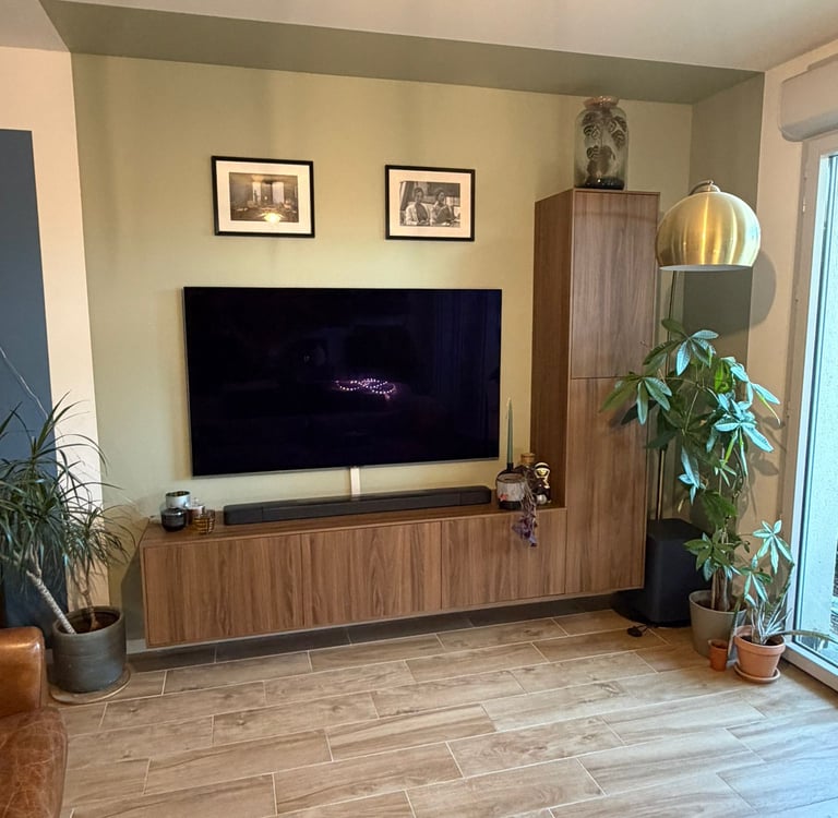Rénovation salon à La Ciotat : grand meuble TV suspendu en bois, mur vert olive et plantes vertes.