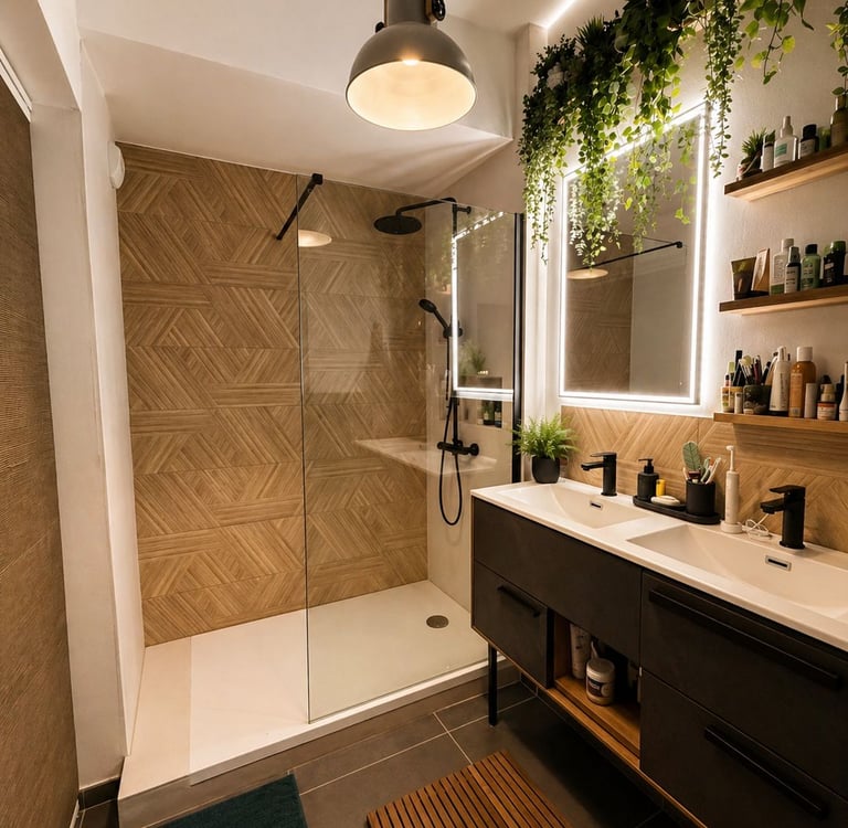 Rénovation salle de bain La Ciotat : douche italienne, carrelage effet bois et meuble double vasque.