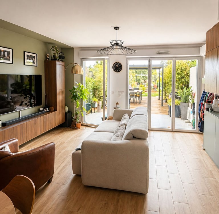 Aménagement séjour lumineux à La Ciotat : canapé clair, buffet moderne, parquet, ouverture extérieur