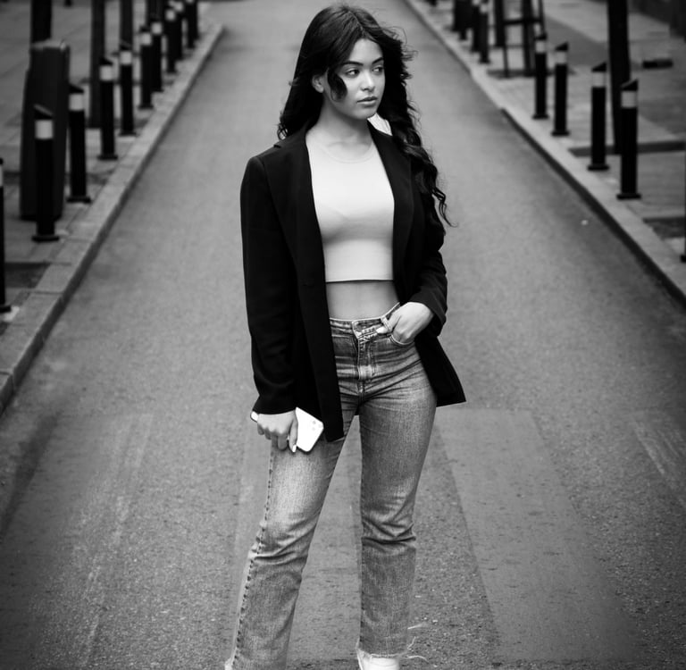 Fotografia en blanco y negro de una mujer posando en un paso de cebra