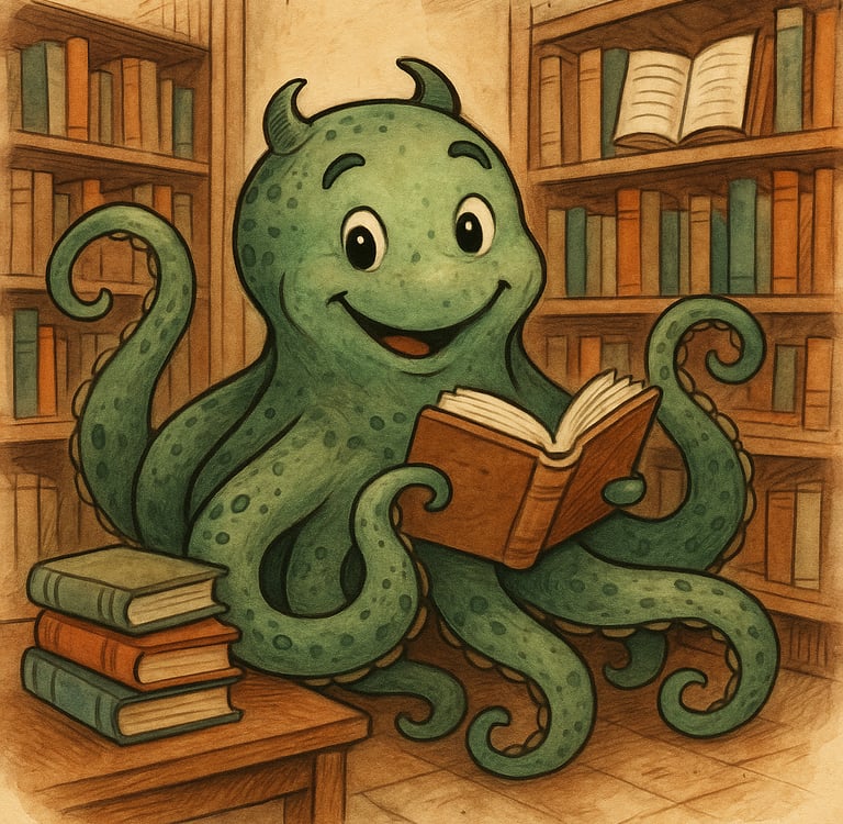 a cartoon octopus with a book in his hands